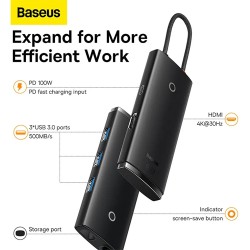 Baseus Hub Lite Series 5-Port Type-C HUB Docking Station HDMI USB3.0*3 PD Black